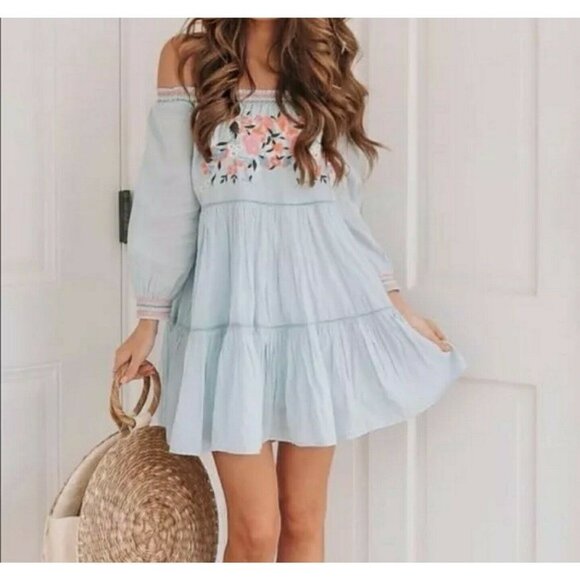 FREE PEOPLE Sunbeams Mini Dress Light Blue Smocked Embroidered Small Boho Dainty - Picture 1 of 12